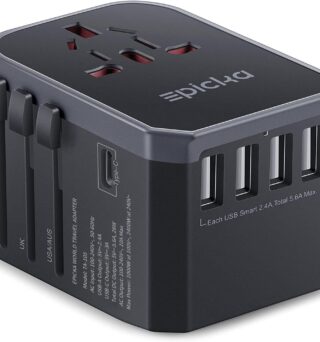 EPICKA Universal Travel Adapter, European Travel Plug Adapter (Not a Voltage Converter) - International Power Adapter Worldwide Charger with USB-C & 4 USB-A Ports, Travel Essentials (TA-105, Grey)