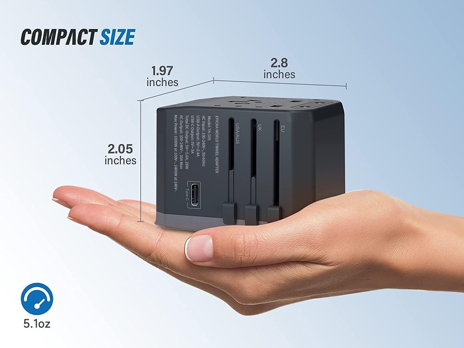 EPICKA Universal Travel Adapter, European Travel Plug Adapter (Not a Voltage Converter) - International Power Adapter Worldwide Charger with USB-C & 4 USB-A Ports, Travel Essentials (TA-105, Grey) - Image 7